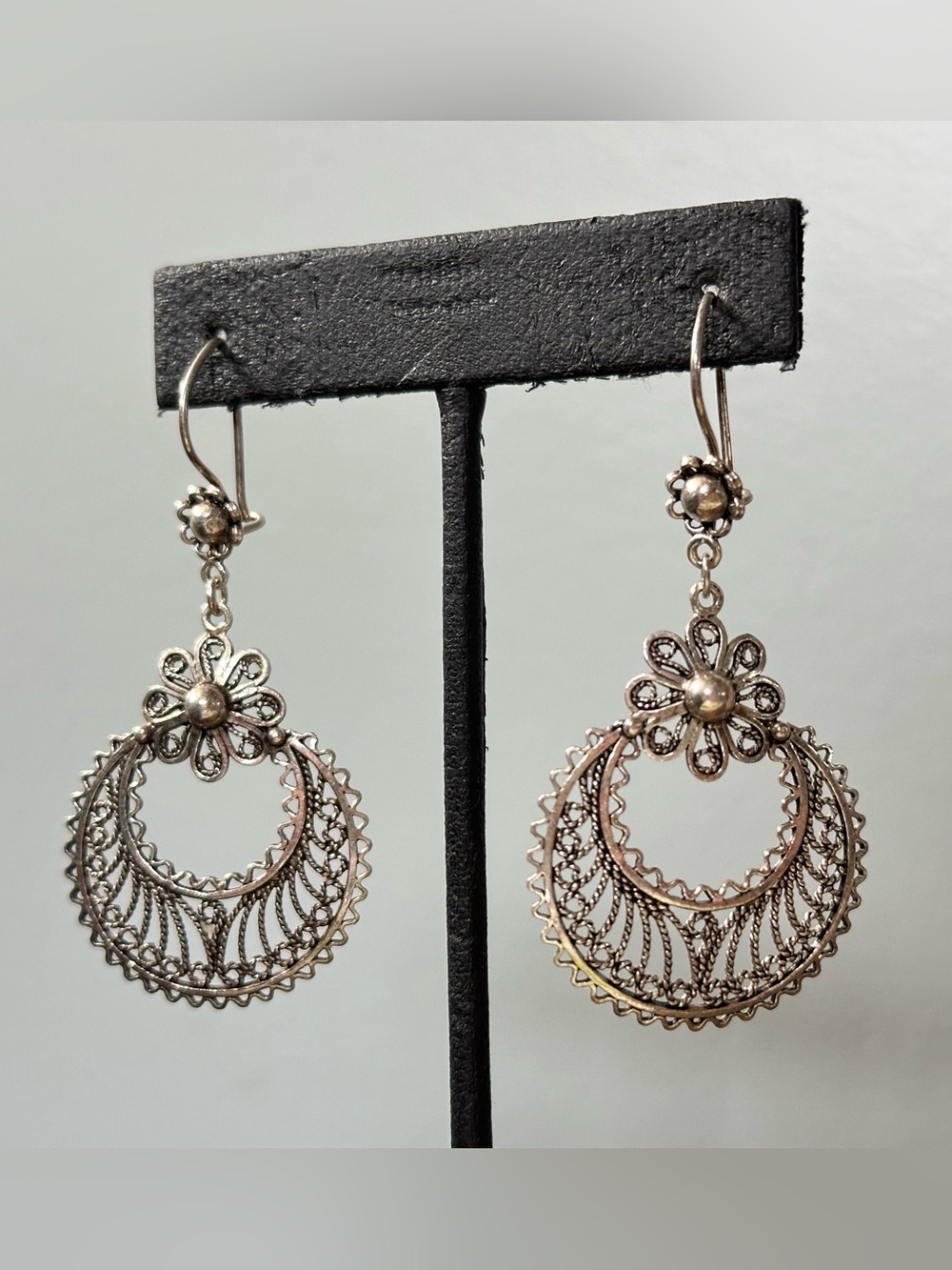 DGS Turkey 925 Sterling Silver Floral Filigree Hoop Drop Earrings Y2K Whimsigoth